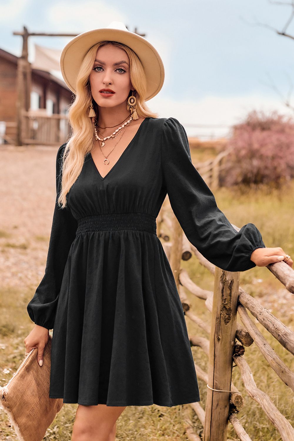 long-sleeve smocked waist mini dress Long Sleeve Waist Smocked Mini Dress