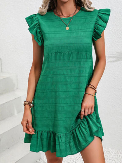 Ruffled Round Neck Cap Sleeve Mini Dress