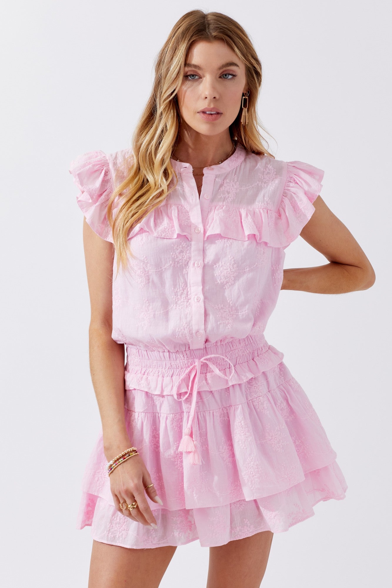 EYELET RUFFLE DRESS WITH SHORTS LINING