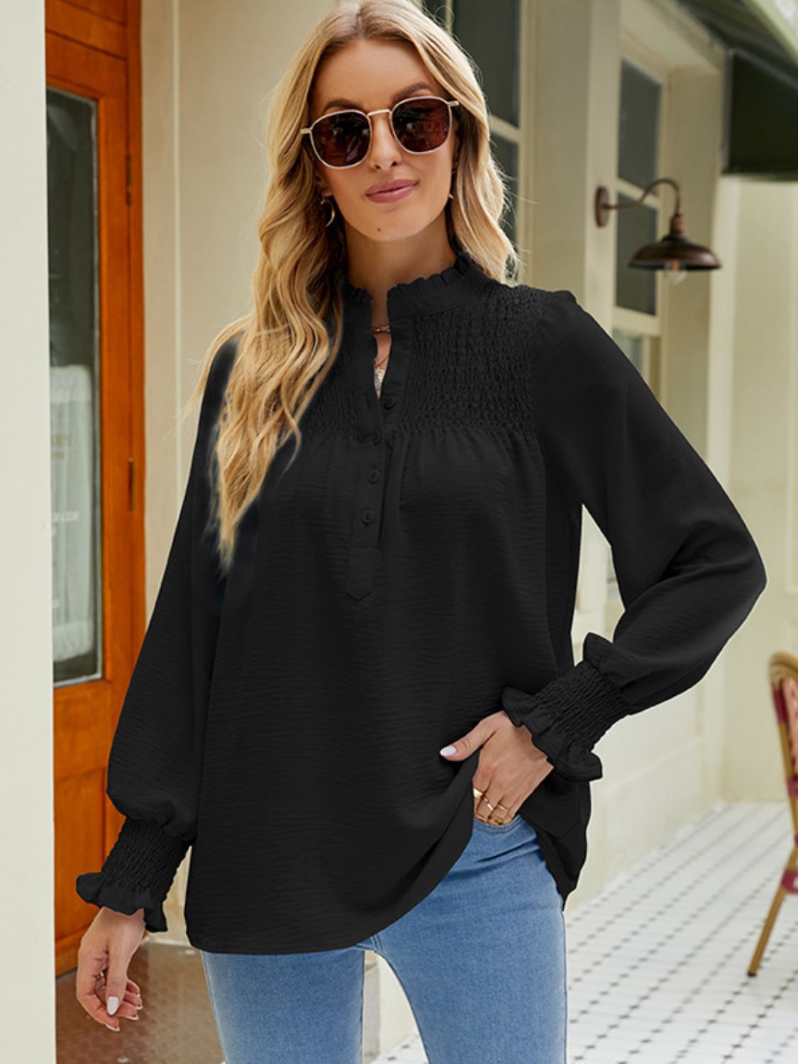 Trendsi Smocked Flounce Sleeve Notched Neck Blouse