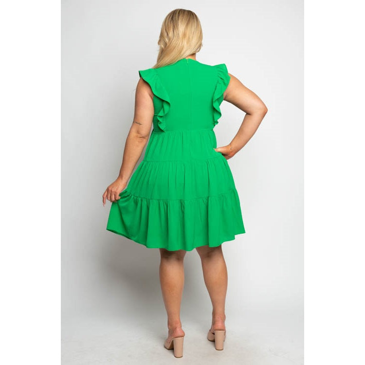 V Neck Ruffle Trim Tiered Dress