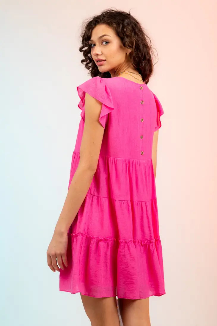 Ruffled Sleeve Gathered Multi-Tier Mini Dress